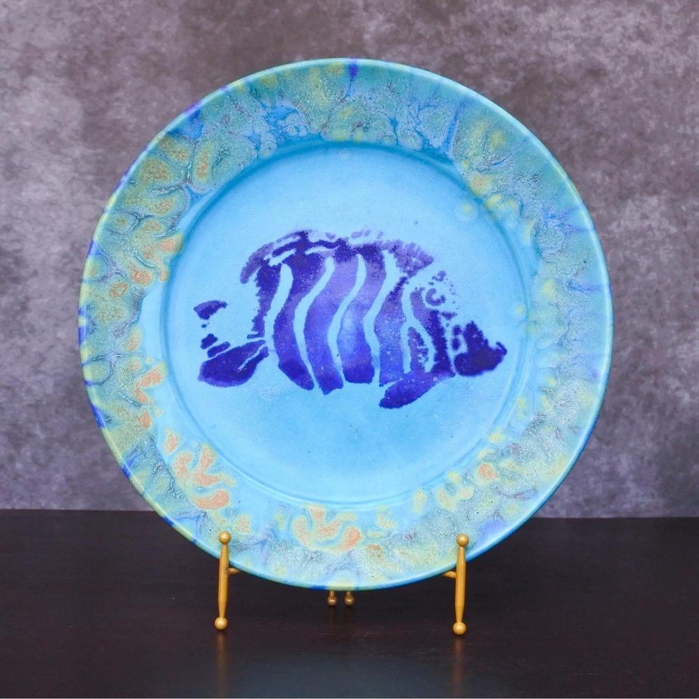 Vintage Signed Michael Pugh Art Pottery Fish Ocean Nautical Style Charger Plate